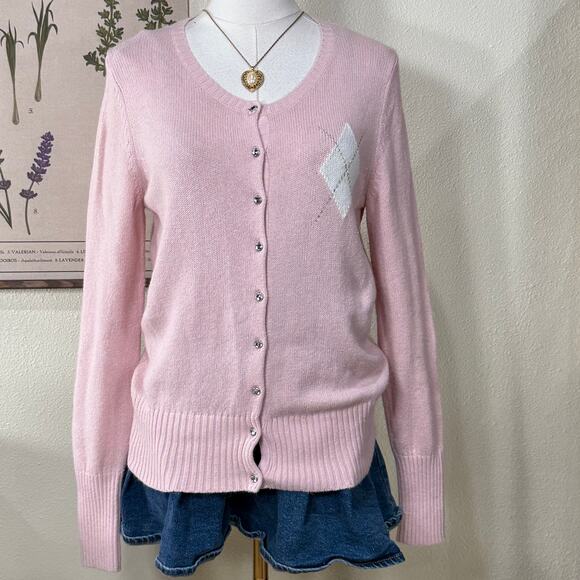 Y2k Pink Argyle Cardigan Sweater Coquette Dolly Dollette Light Academia Preppy M - Picture 2 of 7